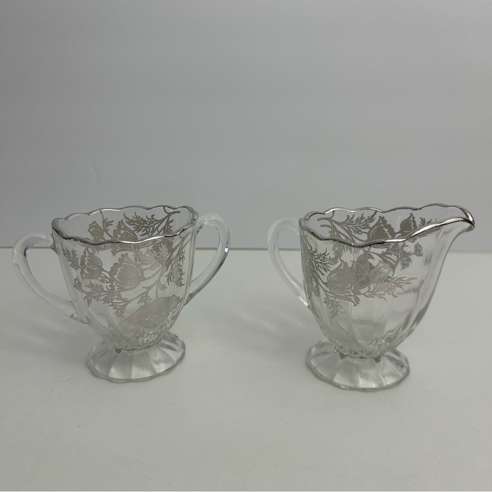 Vintage Cream and sugar set glass with silver floral overlay